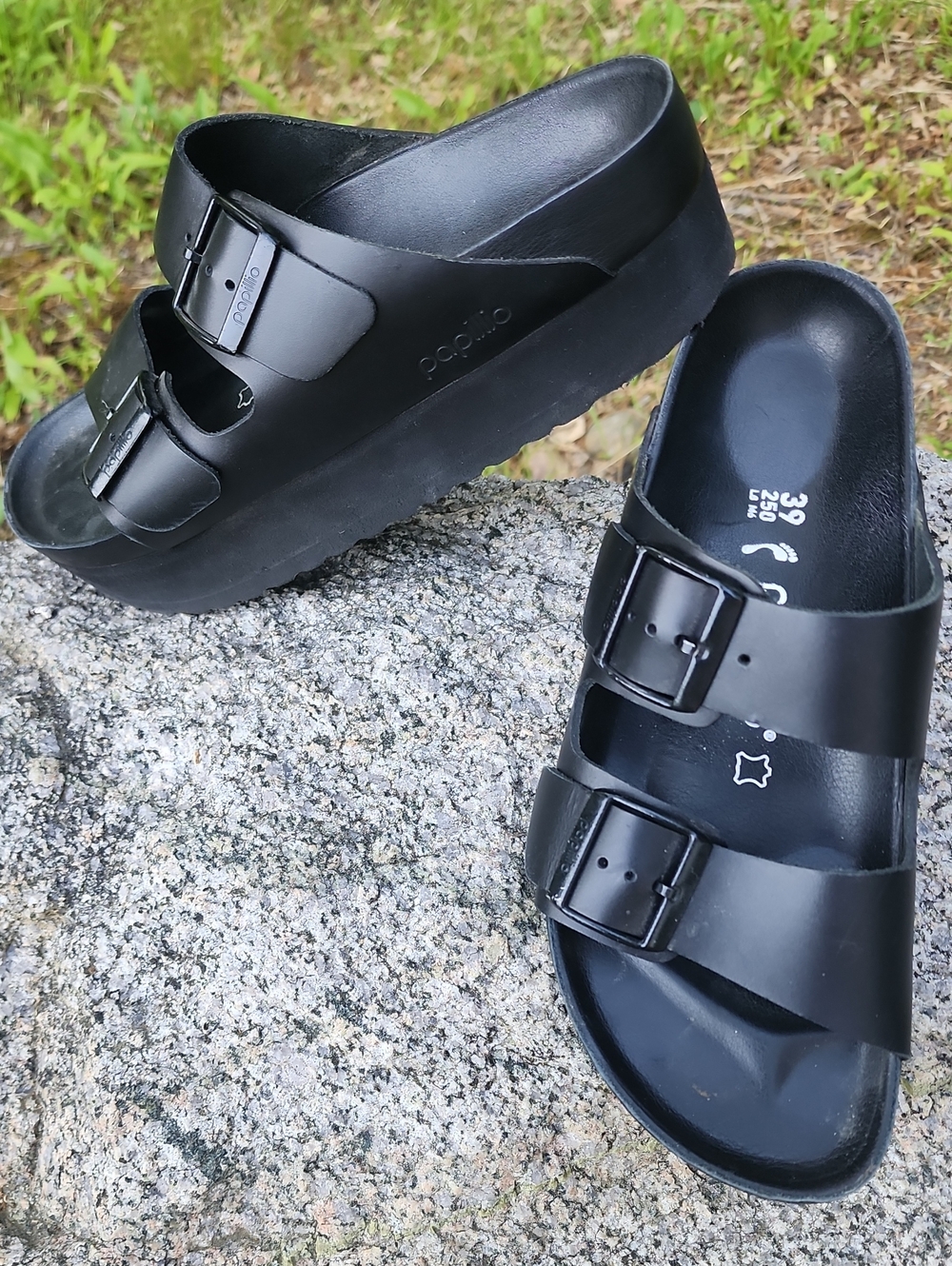 Papillio Black Double-Buckle Platform Slides